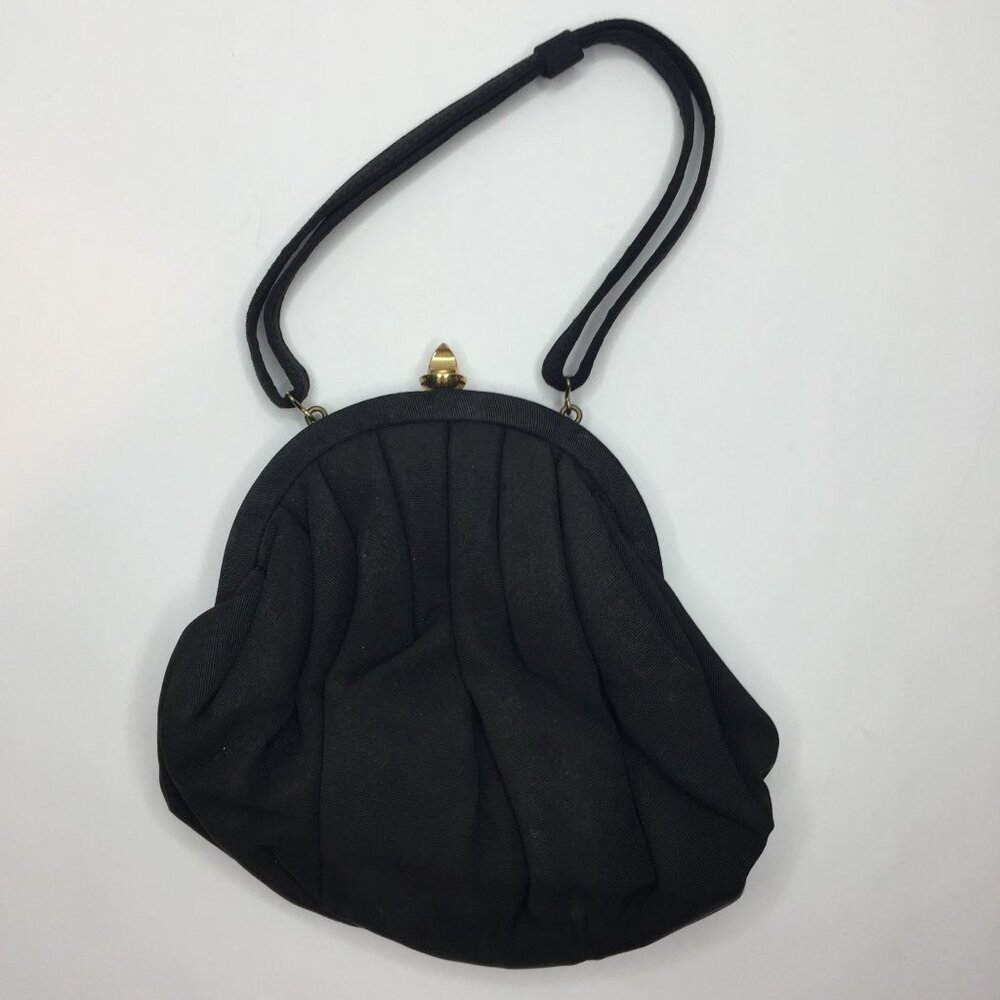 Vintage 1940s Black Handbag Elegant Evening Purse Handle Gold Clasp Party Formal